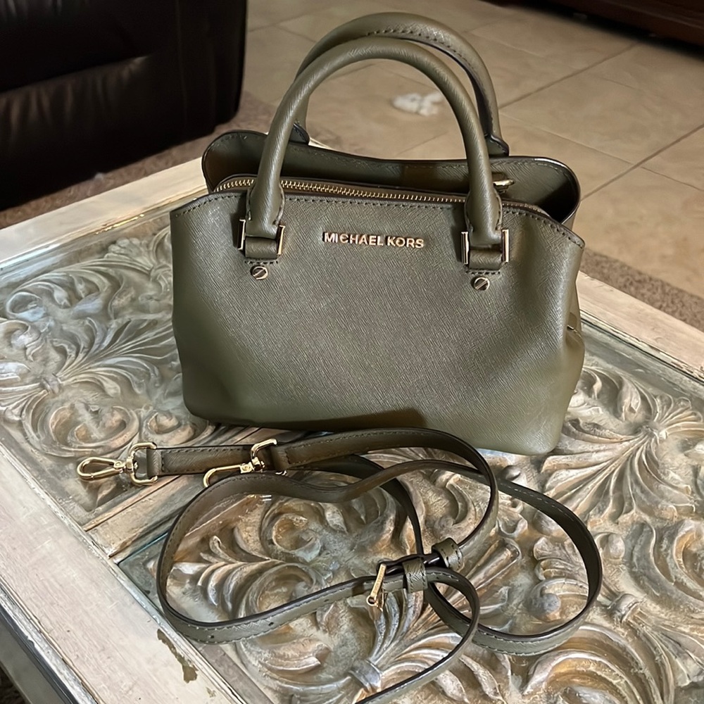 Olive green Michael Kors handbag with crossbody strap